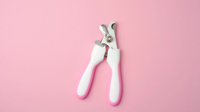 Pet grooming tool for nail care on a pastel pink background, close up of clippers.