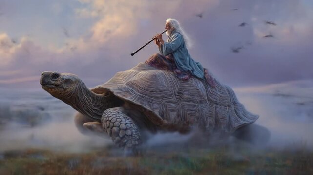 Ancient sage riding colossal tortoise, playing a flute through a misty, ethereal landscape under a dramatic sky