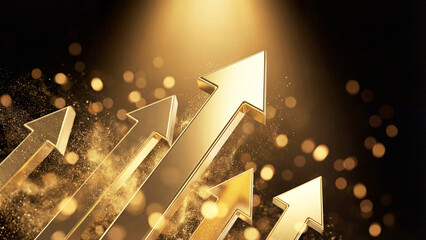磨き上げられた金色の矢印が、光の粒子を浴びてきらきらと輝きながら上昇する様子を描いています。圧倒的な富と繁栄を象徴し、ビジネスの成功や投資による利益拡大を強く印象づけます。金融や経済の資料、豪華な広告に最適です。