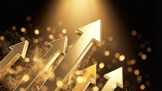 磨き上げられた金色の矢印が、光の粒子を浴びてきらきらと輝きながら上昇する様子を描いています。圧倒的な富と繁栄を象徴し、ビジネスの成功や投資による利益拡大を強く印象づけます。金融や経済の資料、豪華な広告に最適です。