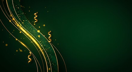 Elegant abstract emerald green background with golden swirls and sparkles