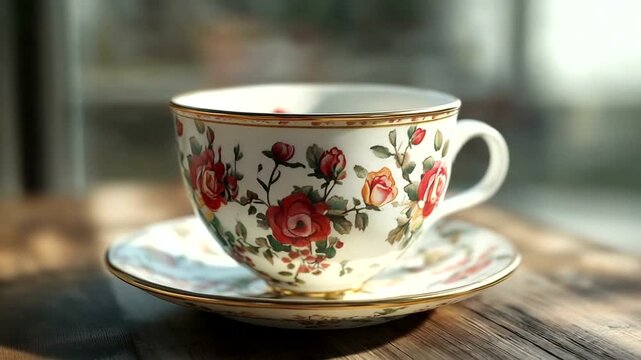 Floral Teacup on Wooden Table.