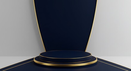Elegant navy blue product podium with gold accents for display purposes
