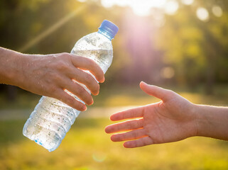 Volunteer hand giving water bottle to person in need thirst relief charity donation support background copy space liquid sharing humanitarian aid