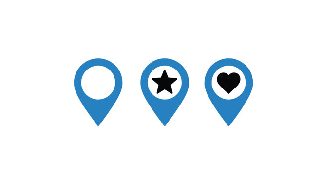 Three blue location pins with different icons