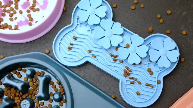 Pet slow feeder bowls with kibble, different shapes and colors, designed for healthy eating.