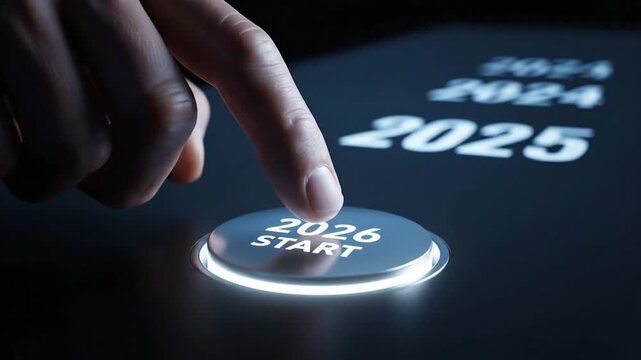 Finger poised to press 2026 Start button on illuminated interface, with blurred years above