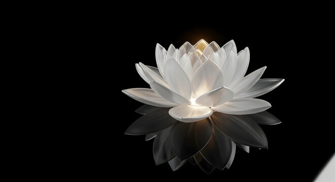 Elegant 3D render of a glowing glass lotus flower blooming on dark reflective surface. Beautiful crystal water lily blooming with soft light for spa, wellness, and zen concept
