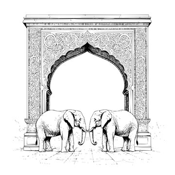 Elephants in front of archway, black and white illustration indian architecture