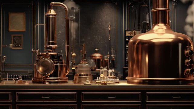 Intricate steampunk laboratory with glowing copper distillation equipment, vintage industrial design, and mysterious scientific apparatus