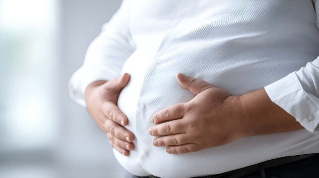 Overweight man touching his belly showing weight gain