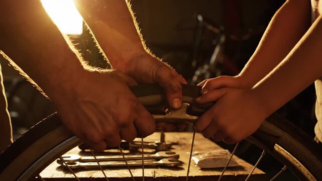 Garage interior at golden hour, close-up of rough father&rsquo;s hands guiding smaller child&rsquo;s hands while fixing old bicycle tire, focus on grease-stained fingers and metal tools