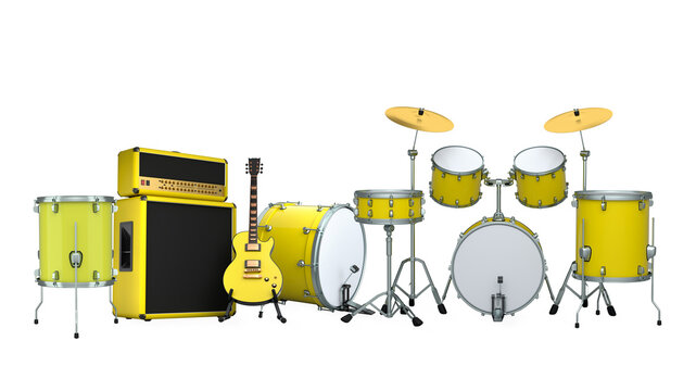 Set of electric acoustic guitars and drums with cymbals on white background