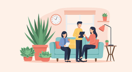 Three people in a room with plants, discussing documents