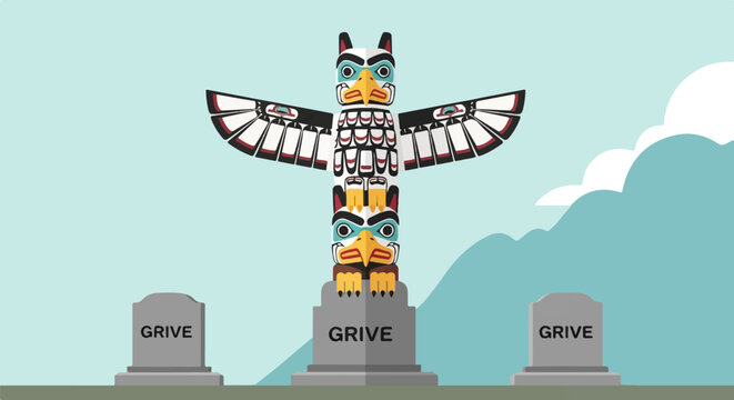 Totem pole with three tombstones labeled 'GRIVE' in a stylized landscape
