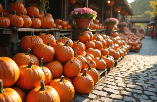 Orange pumpkins pile up on wooden crates at outdoor market stall. Fresh seasonal harvest vegetables ready for sale. Cobblestone path leads through busy town square.
