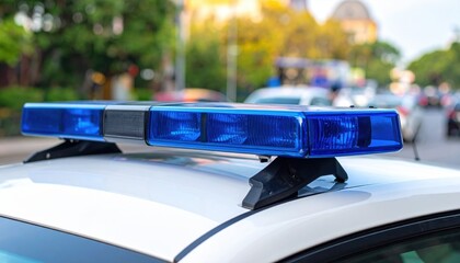 A close-up view of a police car's blue lights flashing atop the vehicle with a blurred background