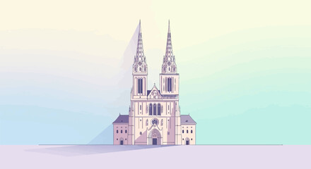 Obraz premium Stylized gothic cathedral with twin spires against a pastel sky