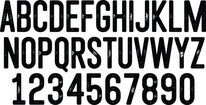 Distressed Athletic Style Vector Font Set Featuring Textured Black Condensed Alphabet and Numbers for Vintage Sports Branding and Apparel Design