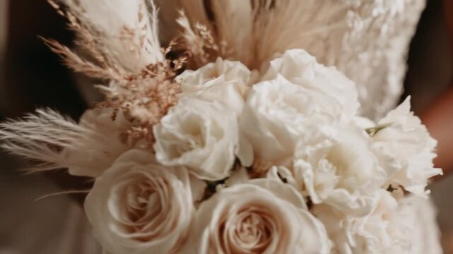 Romantic bohemian bridal bouquet featuring white roses, delicate flowers, and natural pampas grass for a wedding