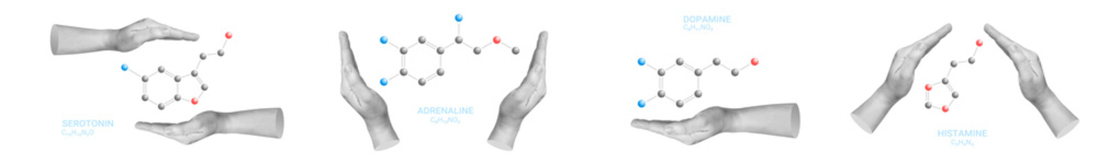 Set of hands with serotonin, dopamine, adrenaline and histamine molecules, neurotransmitter...