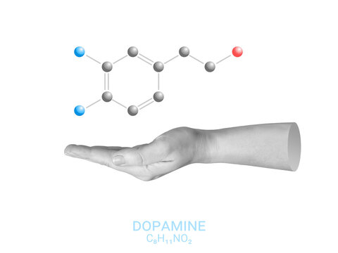 Hand presenting dopamine molecule structure, motivation and reward system chemistry concept. Part of series