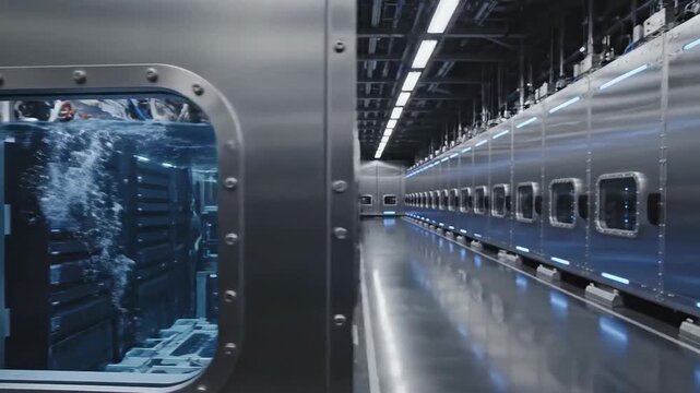 Observing a silver futuristic hyperloop train spacecraft inside a high‑tech facility with reflective floor, bright lighting and sleek windows