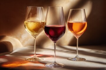 Three wine glasses stand on a table, each filled with a different type of wine during an evening gathering in a cozy setting