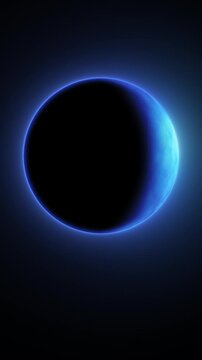Abstract blue planet rim light loop with alpha channel. dark sphere silhouette with glowing atmosphere. vertical composition. sci-fi space background element with copy space for text or banner frame