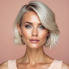 Fototapeta premium Elegant woman with short platinum blonde bob haircut and blue eyes. Natural makeup and subtle smile. Soft studio lighting highlights flawless skin and chic coiffure. Pro headshot.
