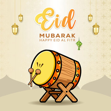 Eid Mubarak Greeting Card with Bedug Drum Illustration for Eid al-Fitr