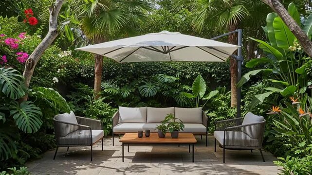 Serene outdoor patio setting with modern furniture in lush tropical garden