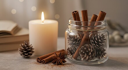Lit candle with cinnamon sticks and pinecones in jar on neutral surface