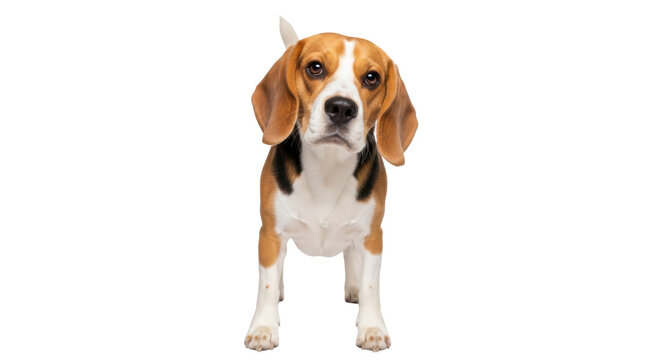 Adorable beagle dog isolated PNG, standing and looking at the camera with a curious expression, cute pet on transparent background