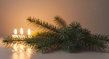 Lit candles and evergreen branches against a blurred background