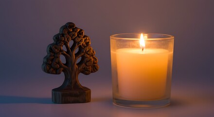 Lit candle with tree statue creates soft glow on a muted background