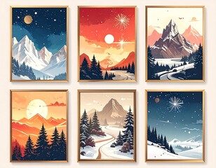 Six framed, abstract landscape art prints with mountains, forests, and starry skies in various vibrant color schemes