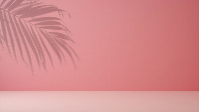 Coral pink studio with subtle palm frond shadow, soft and inviting