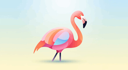 Fototapeta premium Stylized coral pink flamingo stands in shallow water against a soft gradient sky