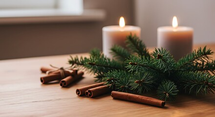 Lit candles and festive greenery on a wooden surface in soft lighting