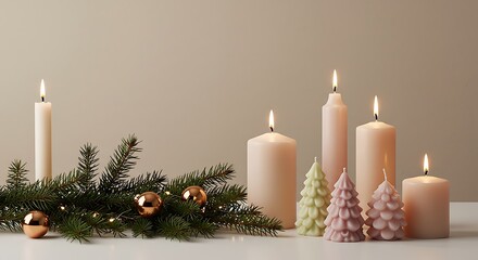 Lit candles and festive decorations on a tabletop display