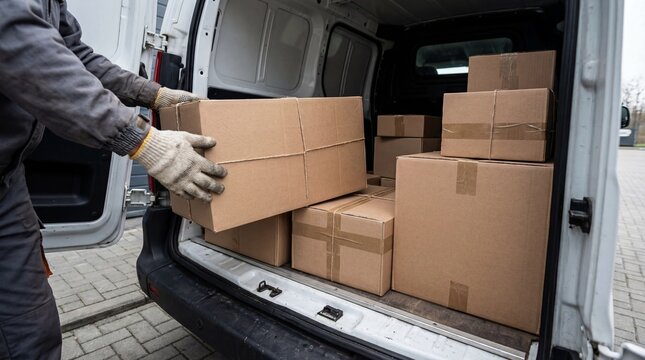 Delivery worker carefully loading boxes into the back of a commercial van, ready for transport and logistics services