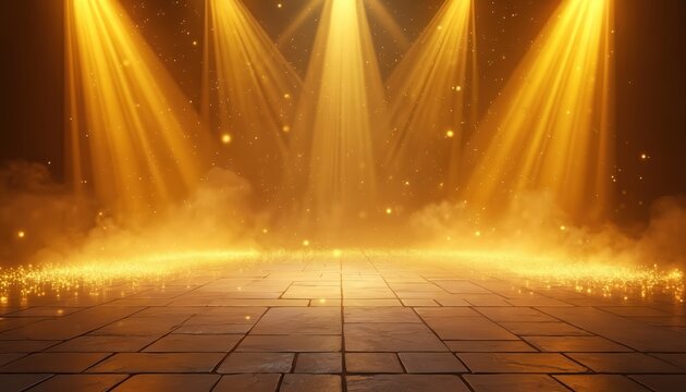 Golden spotlights shine on stone stage floor with mist and sparkling particles. Symmetrical bright beams create magical atmosphere. Clean space for text and design elements.