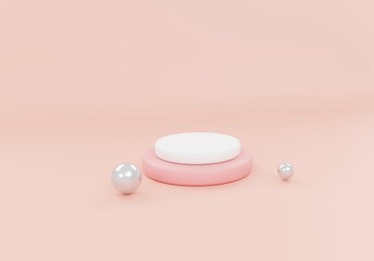 3D pink white pedestal with pearls on peach minimal studio render