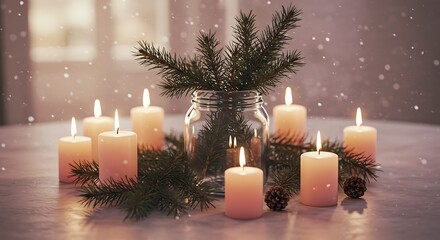 Lit candles and pine arrangement illuminated indoors with soft lighting