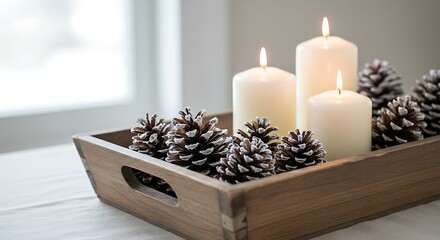 Lit candles and pine cones displayed in wooden tray on table