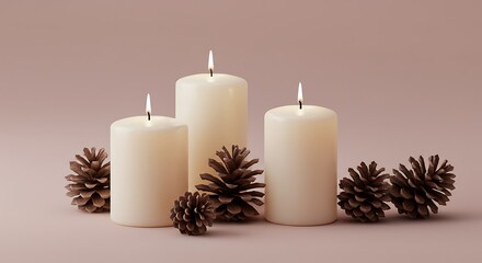 Lit candles and pine cones on pink background minimalist still life