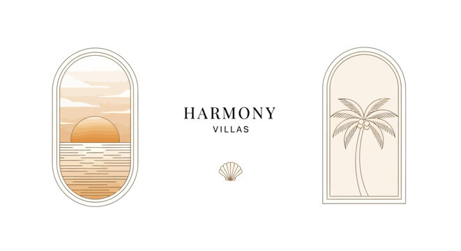 Elegant logo design featuring a serene sunset over water and a solitary palm tree, symbolizing tranquility and tropical luxury.