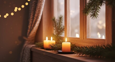 Lit candles on a windowsill with festive greenery and warm lighting