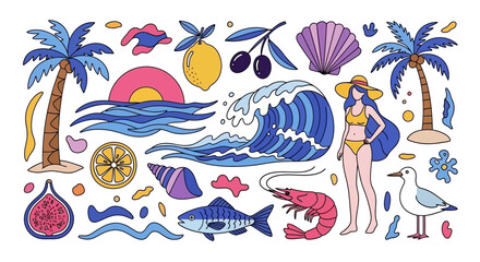 Obraz premium Vibrant Summer Beach Vibes with Palm Trees, Waves, and Tropical Elements